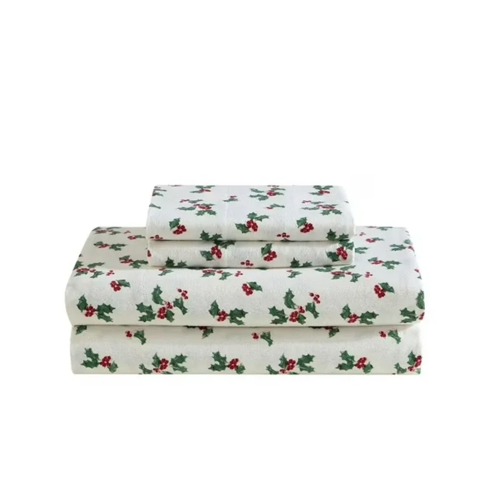 Lenox 6 Piece Flannel Sheet Set King Holly Green 100% Cotton Holiday Bedding